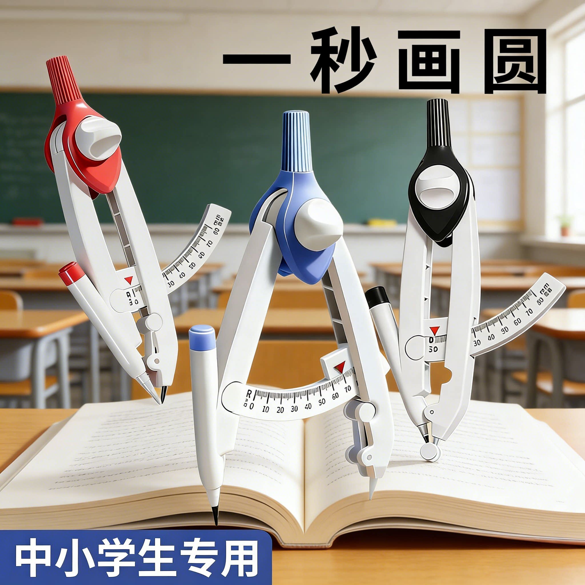 圆规小学生专用三年级数显按动初中生专用多功能锁距尺规附替换笔芯高