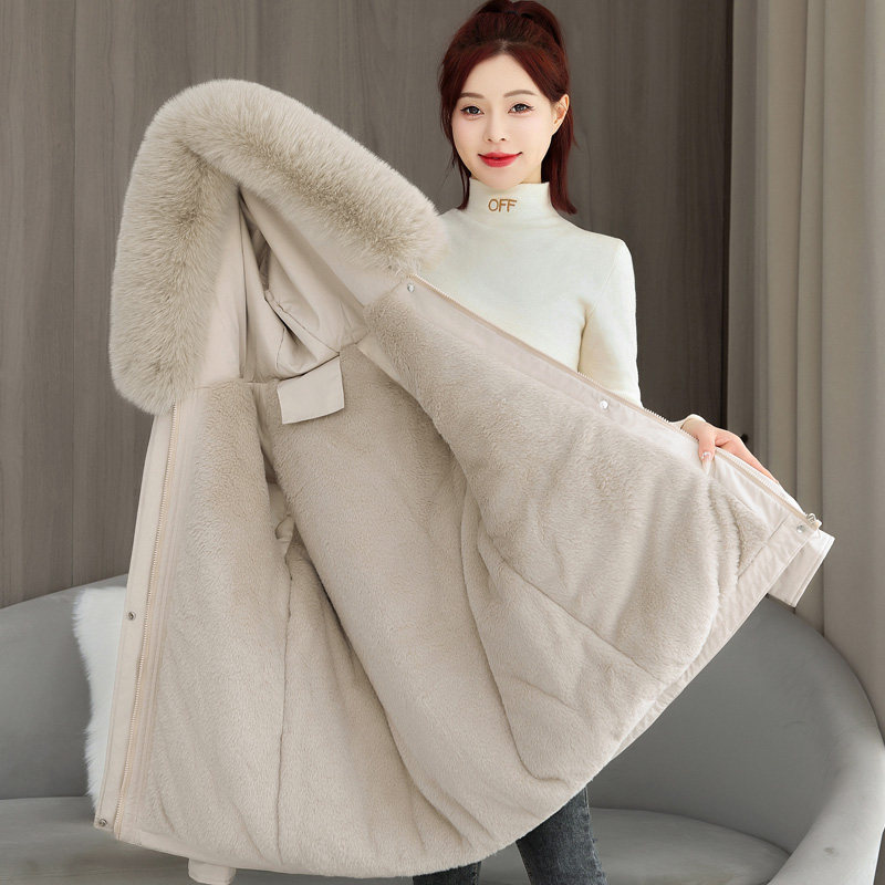 加绒加厚中长款女棉服可拆大毛领