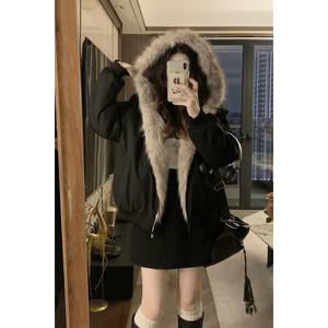 正反两面穿皮毛一体外套女冬美式复古毛绒绒连帽环保皮草加厚棉服