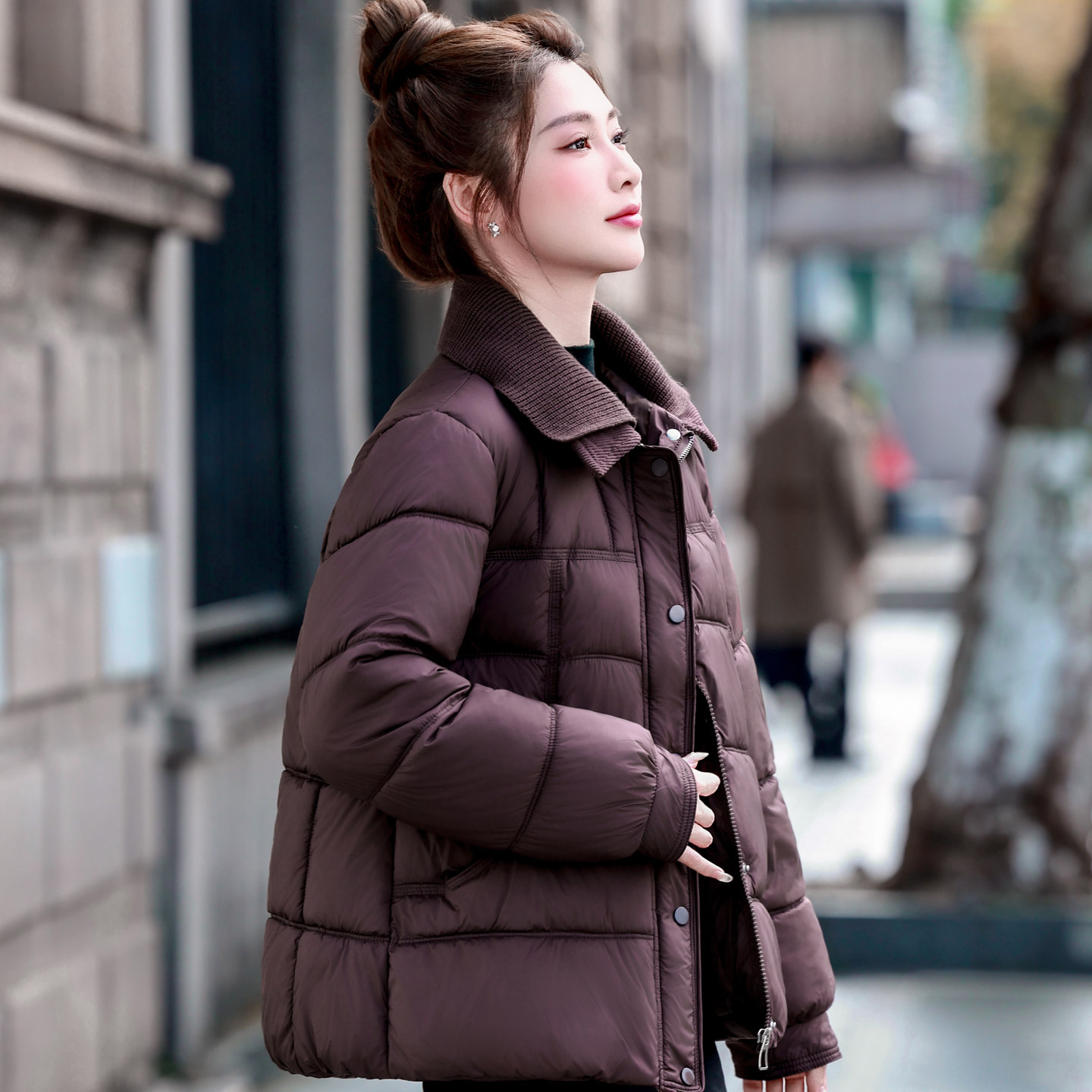 冬季复古针织翻领加厚短款女棉服