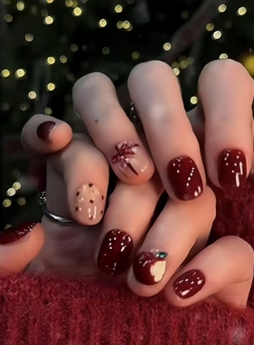 新款新年红色系手工美甲穿戴甲秋冬高级感手绘捏立体咬一口的苹果