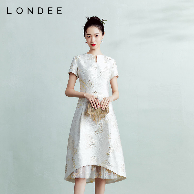 Londee/龙笛高雅白色洋气连衣裙新中式改良旗袍气质中长裙4S11932