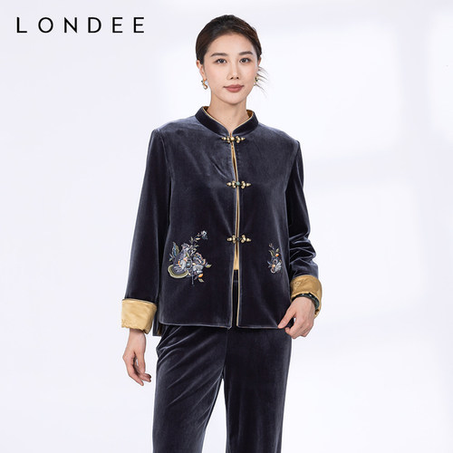 Londee/龙笛秋冬款古典花纹桑蚕丝中式旗袍礼服上衣4T25268