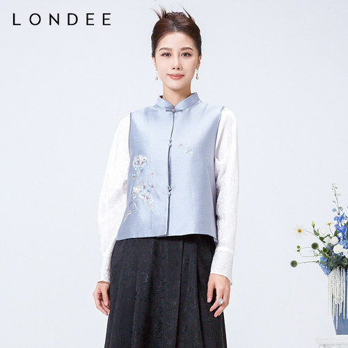 Londee/龙笛新中式提花马夹春秋刺绣盘扣缎面马甲日常可穿4S27288