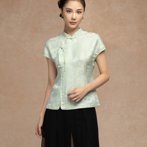 Londee/龙笛新中式国风提花上衣女复古盘扣立领短袖上衣5S22369