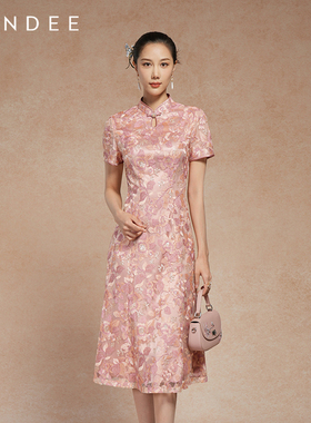 Londee/龙笛新中式高端刺绣蕾丝改良旗袍显瘦气质连衣裙女5T21660