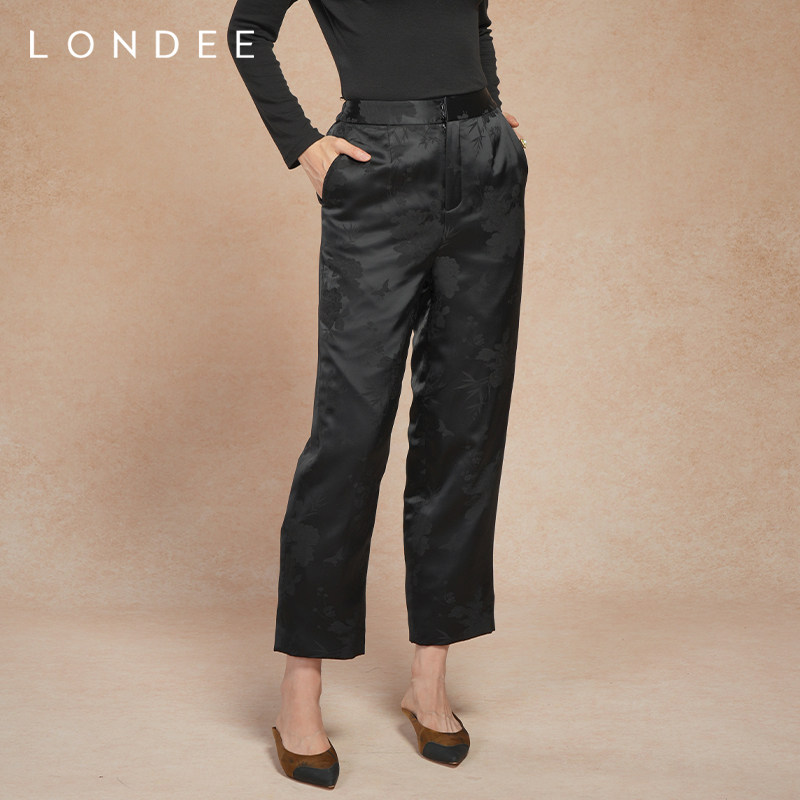 Londee/龙笛新中式优雅提花休闲裤秋冬百搭黑色加厚长裤子5T24189