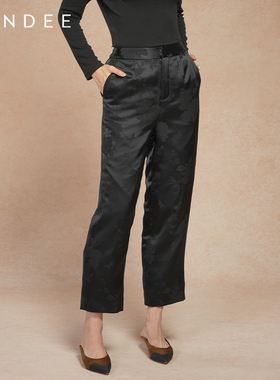 Londee/龙笛新中式优雅提花休闲裤秋冬百搭黑色加厚长裤子5T24189