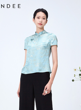 Londee/龙笛绿色优雅国风小衫新中式春夏提花短袖衬衫上衣4S22284