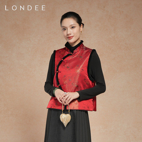 Londee/龙笛新年红色提花马甲新中式毛领保暖加厚马夹背心5T27175