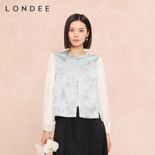 Londee/龙笛新中式浅蓝色盘扣马甲刺绣无袖上衣6S27254