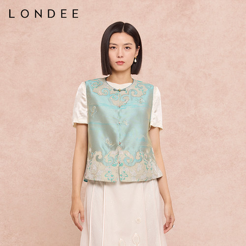 Londee/龙笛新中式浮光绸蝴蝶绣花马甲国风高级感外穿马夹6S27257