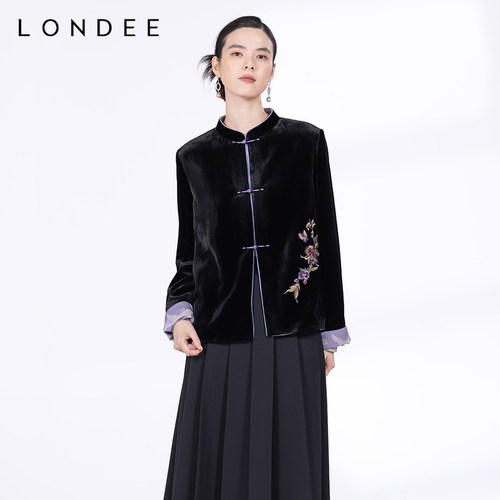Londee/龙笛国风高端春秋季丝绒上衣新中式提花盘扣外套女4T25276