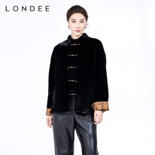 Londee/龙笛秋冬新中式复古高级感丝绒上衣铺棉保暖外套4T25271