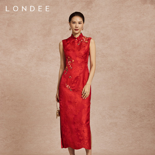 Londee/龙笛新中式优雅红装旗袍敬酒服提花刺绣结婚礼服裙6T26680