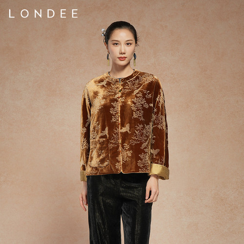 Londee/龙笛新中式美拉德棕咖色上衣秋冬加厚保暖丝绒外套5T25194