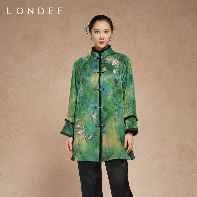 Londee/龙笛馥雅绿新中式加厚棉服高级面料国风保暖长外套5T25080