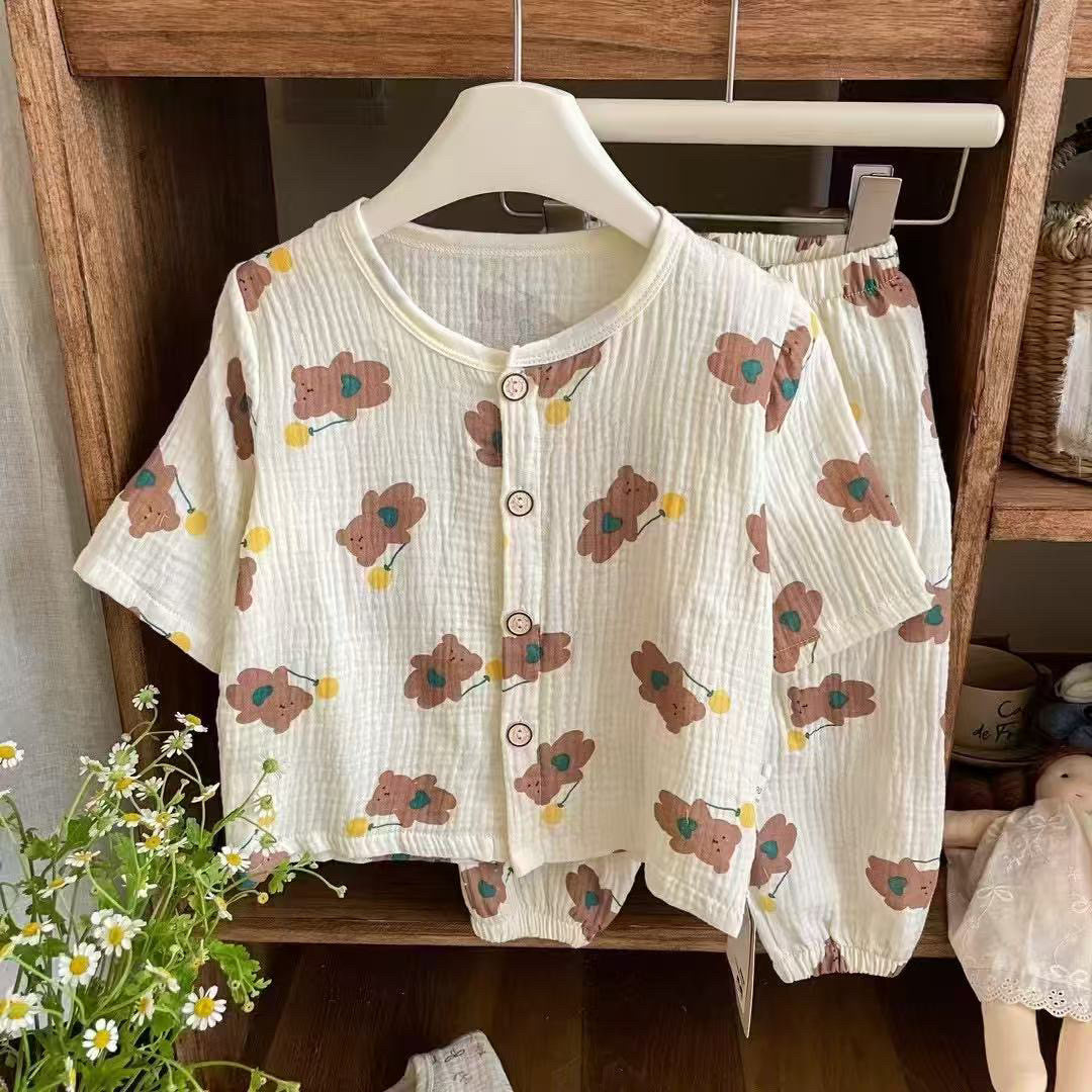 番茄和花花家双层纱布家居服套装