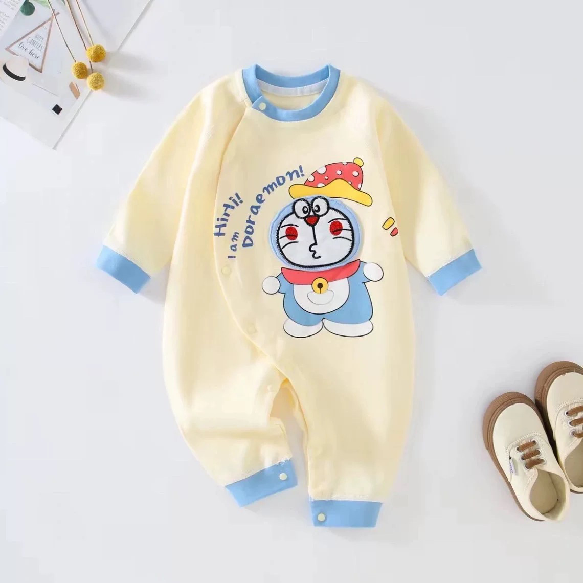 婴儿纯棉连体衣春秋长袖偏襟肩扣不挑