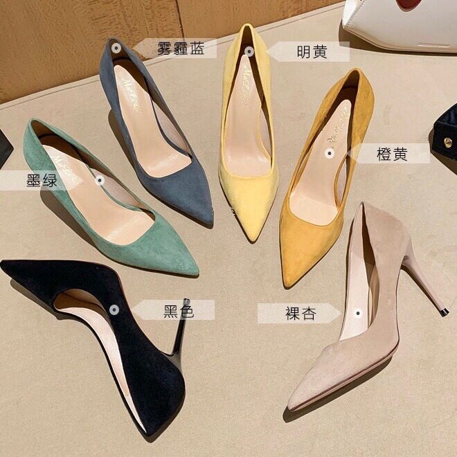 羊皮版 通勤女气质浅口职业尖头性感细跟单鞋百搭黑色绒面高跟鞋