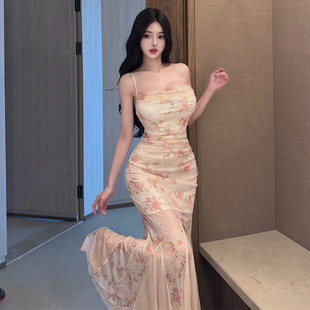 18YX1436欧美2026跨境外贸性感吊带碎花修身网纱鱼尾连衣长裙