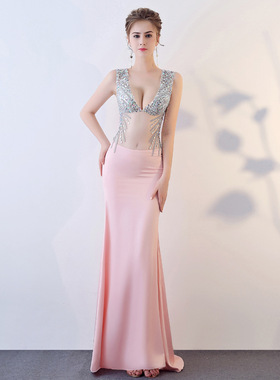 G831/性感透视装礼服晚装网纱透明镂空手工缝钻车展演出