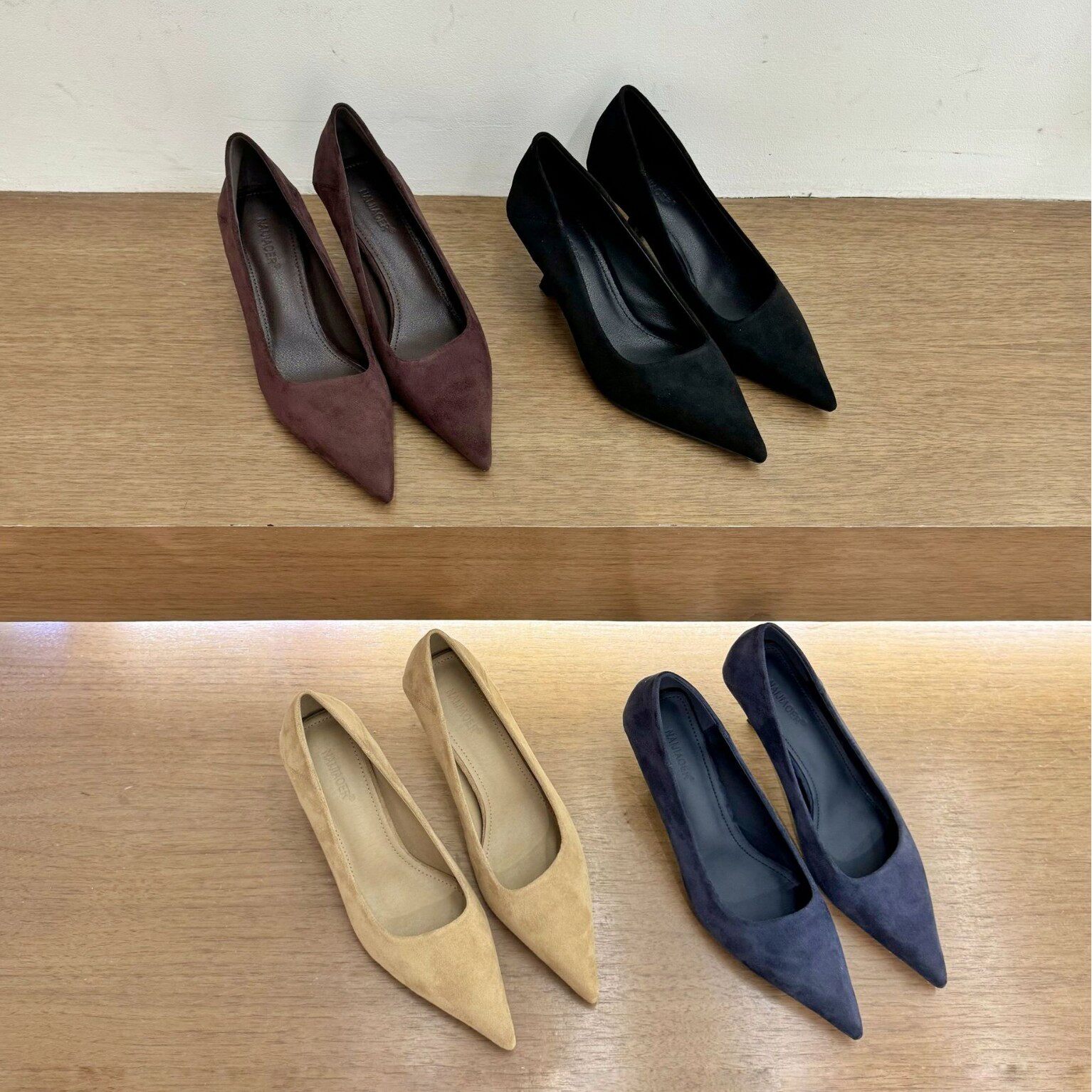 法式尖头小猫跟黑色高跟鞋女新款春秋季细跟绒面浅口通勤单鞋