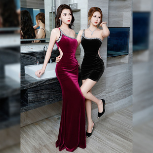 生日会晚宴性感吊带裙女红色名媛开叉裙显瘦丝绒气质长裙晚礼服