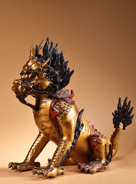 老黄铜胎鎏金彩绘麒麟瑞兽摆件玄关商铺居家饰品办公书案镇纸大号