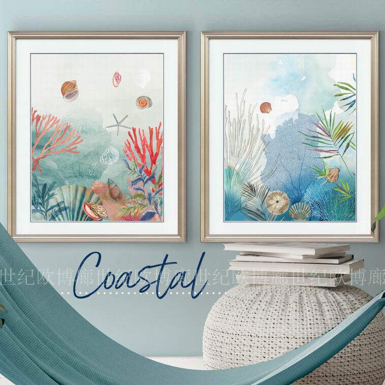 进口原版画芯简美现代风格客厅卧室餐厅海洋珊瑚蓝色调装饰画墙画