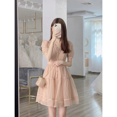 法式粉色泡袖洋装生日礼服