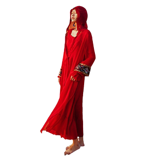 2025新款民族风沙漠旅游连帽开衫外套绣花薄长款红色海边防晒衣仙