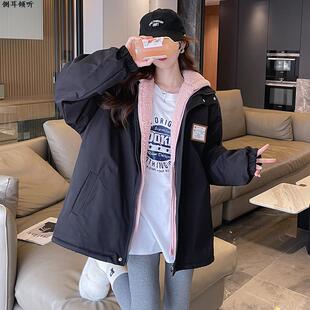 冬季新款加厚羊羔毛假两件外套女学生加绒棉服韩版原宿风工装棉衣