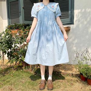 森女日系部落夏季小清新娃娃领初中高中学生收腰显瘦女甜美连衣裙