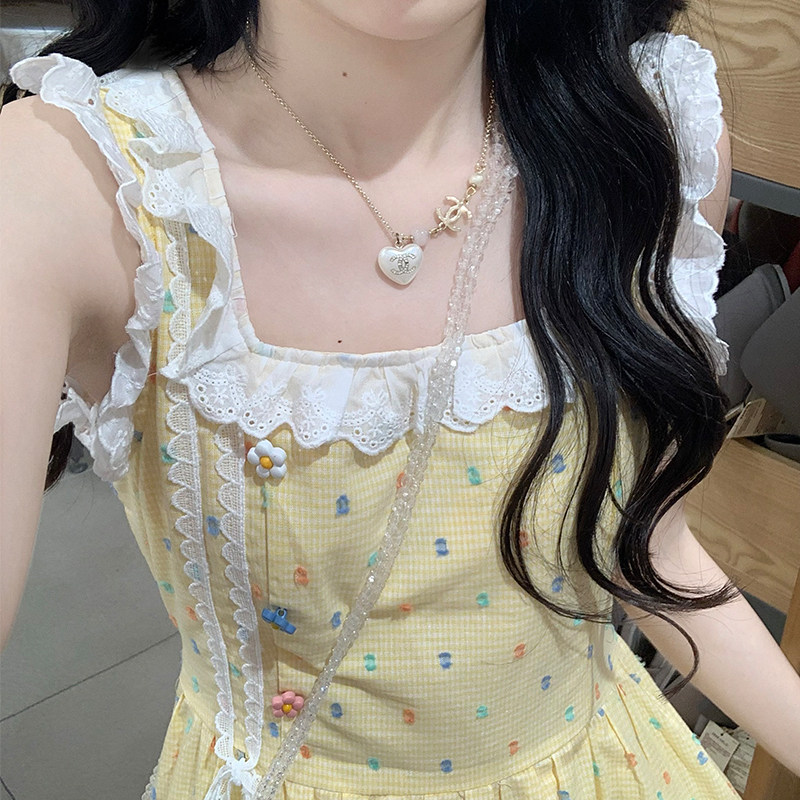 初中女生洋气背带中长裙夏甜美减龄高中学生小清新碎花吊带连衣裙