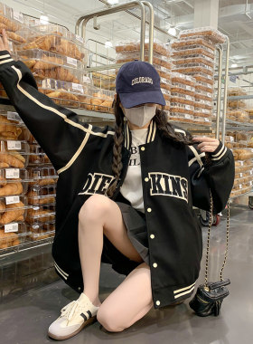 黑色棒球服女春秋美式复古炸