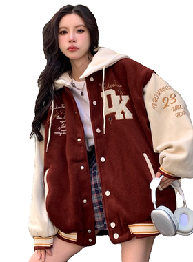 假两件酒红色棒球服少女早春