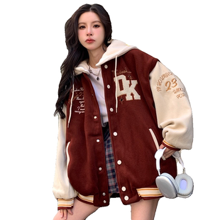 假两件酒红色棒球服少女早春秋2025新款初中高中学生休闲美式外套