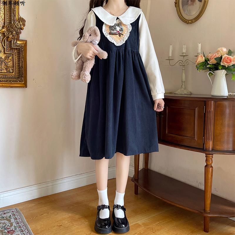 假两件灯芯绒连衣裙少女春秋装初中高中学生学院风娃娃领甜美裙子