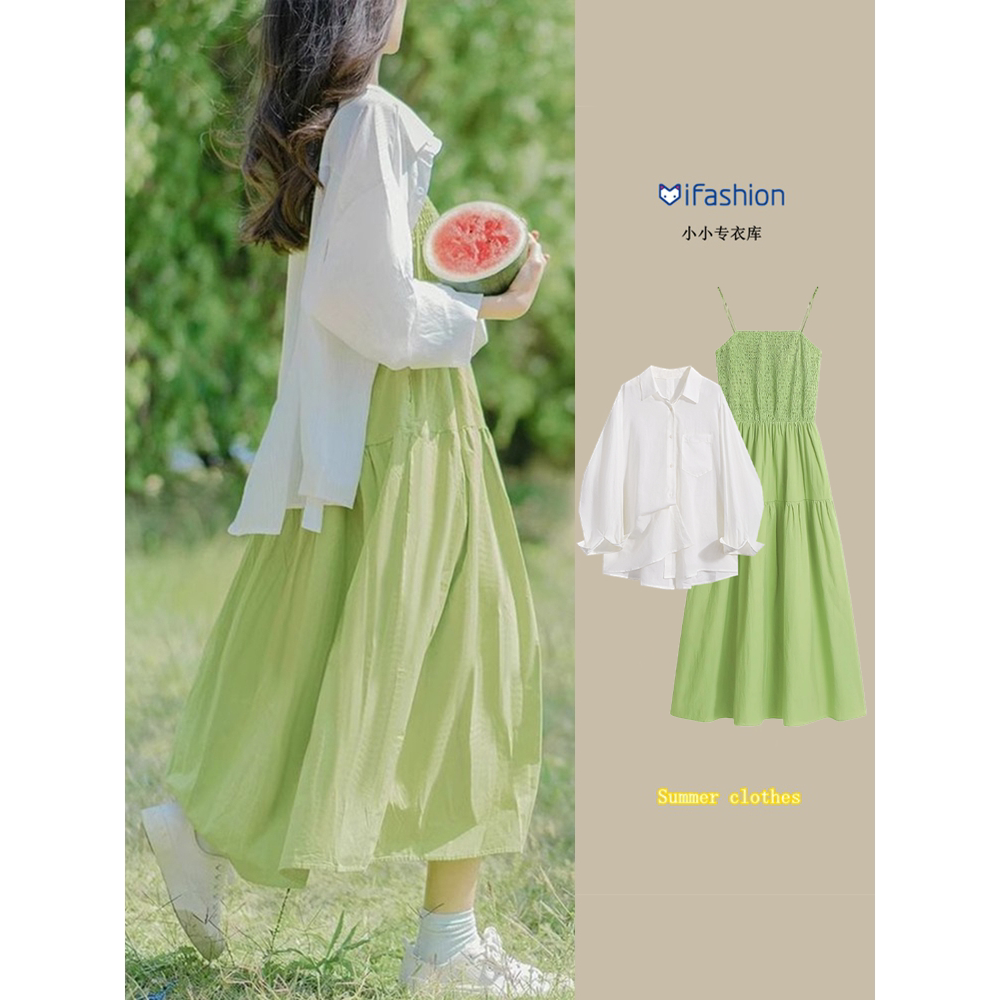 初夏穿搭一整套2026新款防晒衬衫女度假两件套装小清新吊带连衣裙