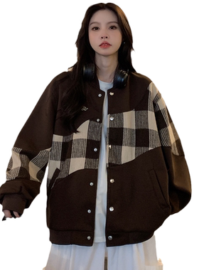 格子外套少女春秋2025新款学生宽松设计感小众bf风美式复古棒球服