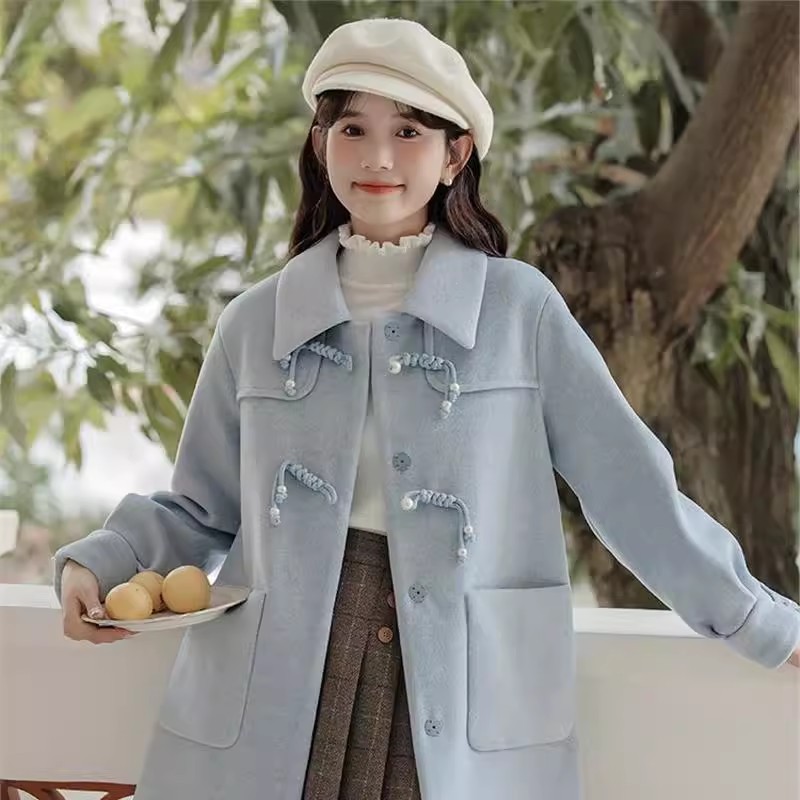 森女甜美部落冬季蓝色毛呢