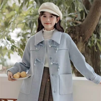 森女甜美部落冬季蓝色毛呢