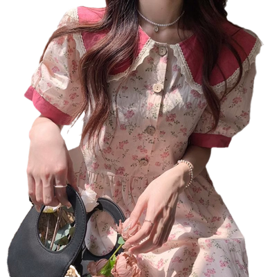 海军领碎花雪纺连衣裙少女夏