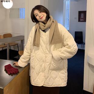 设计感菱形格加绒加厚棉服外套女冬季宽松中长款保暖日系棉衣棉袄