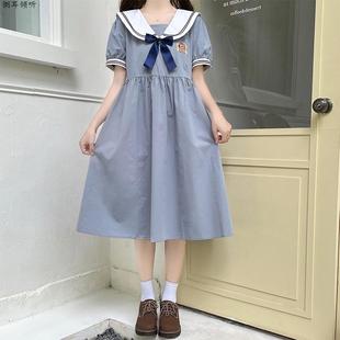 小熊刺绣连衣裙少女夏装学院风初高中学生日系甜美海军领初恋裙子