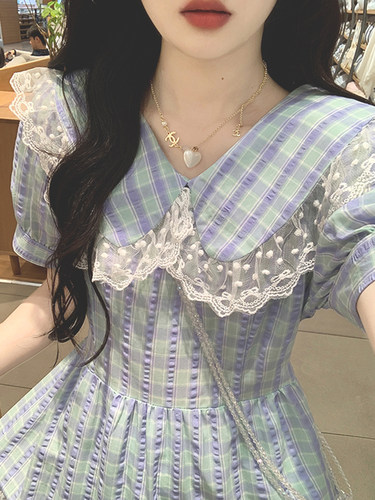 法式初恋格子连衣裙女夏娃