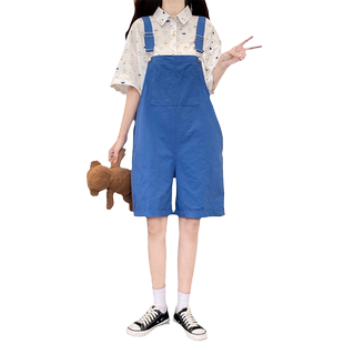 背带短裤套装女夏季休闲阔腿五分裤宽松韩版学生百搭工装连体裤子