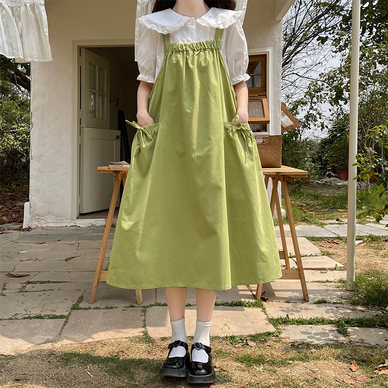 森系高中学生背带女2025夏季新款甜美衬衫两件套装