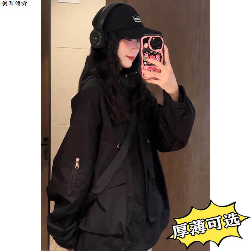 黑色冲锋衣外套少女秋冬2025新款初中高中学生夹棉休闲棒球服夹克